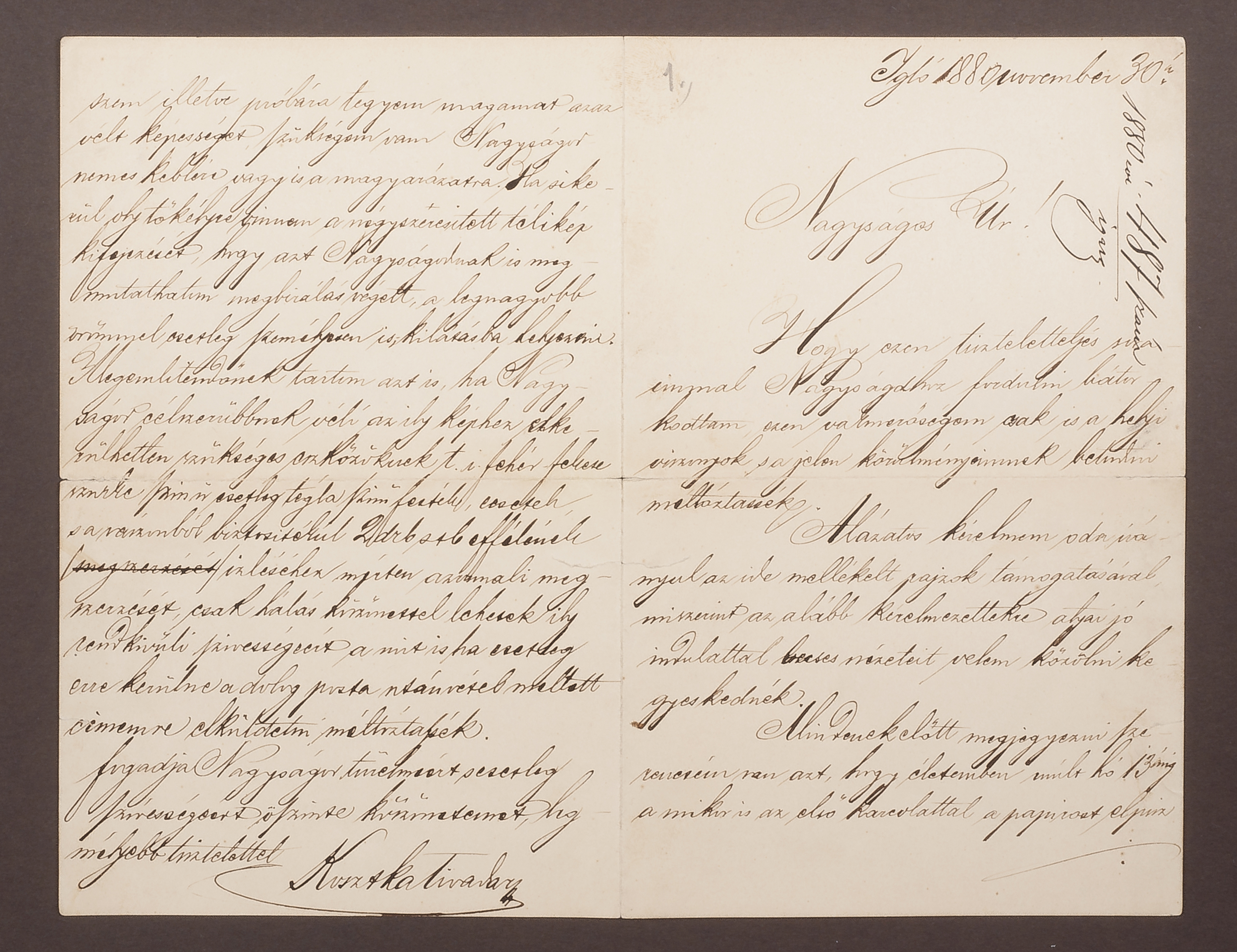 Csontváry első levele Keleti Gusztávhoz, 1880. november 30., tus, papír, 21,4 x 27,3 cm, négy beírt oldal
